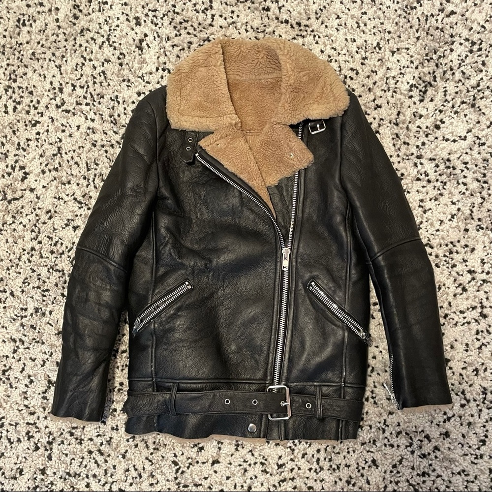 Black and Tan Shearling Moto Jacket similar to Acne Studios